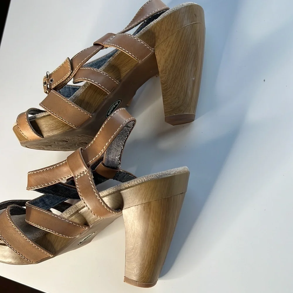 Dr. Scholl’s Band Platform Sandals Tan Leather Strappy Wooden Heel Size 10